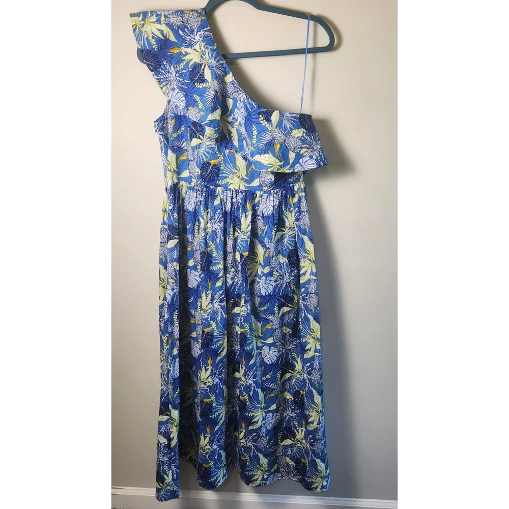 NEW Avara One Shoulder Maxi Dress Women's M Blue Tropical Pineapple Ruffle Trim - Picture 5 of 10